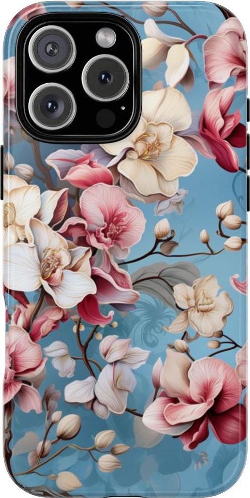 Orchideen-Blumenmuster auf blauem Hintergrund – Hülle Kompatibel mit iPhone 16 Pro Max
