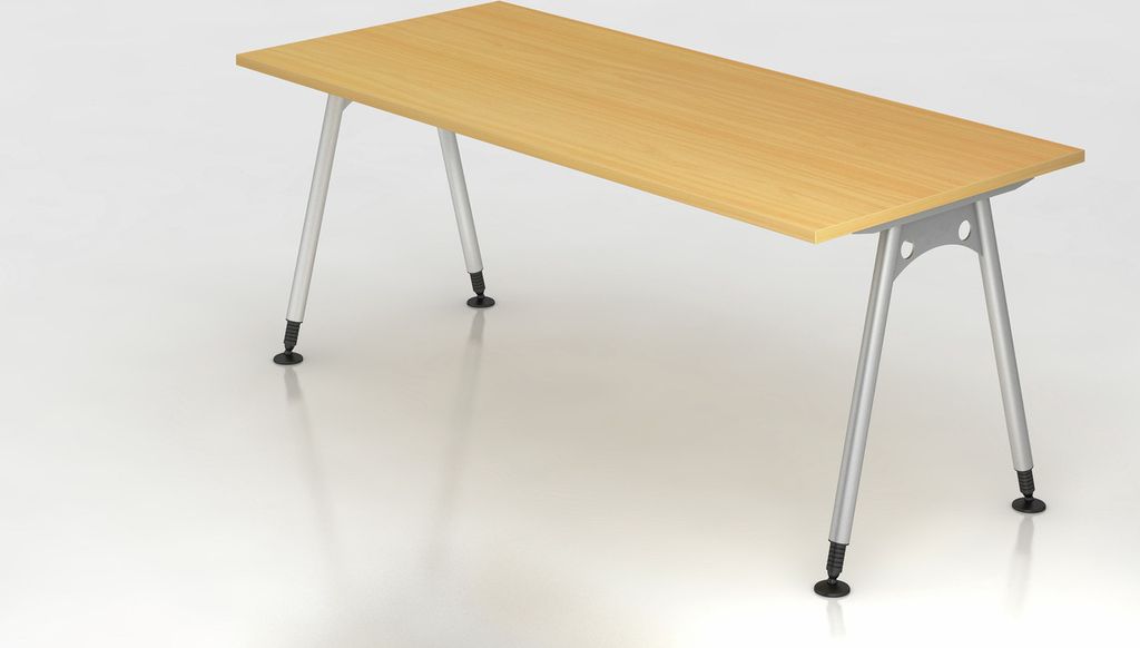 Schreibtisch Keijo | Buche | BxT 180x80cm | Höhe 68-76cm | stufenlos höhenverstellbar | A-förmiges Rundrohrgestell Silber | Rechteckform