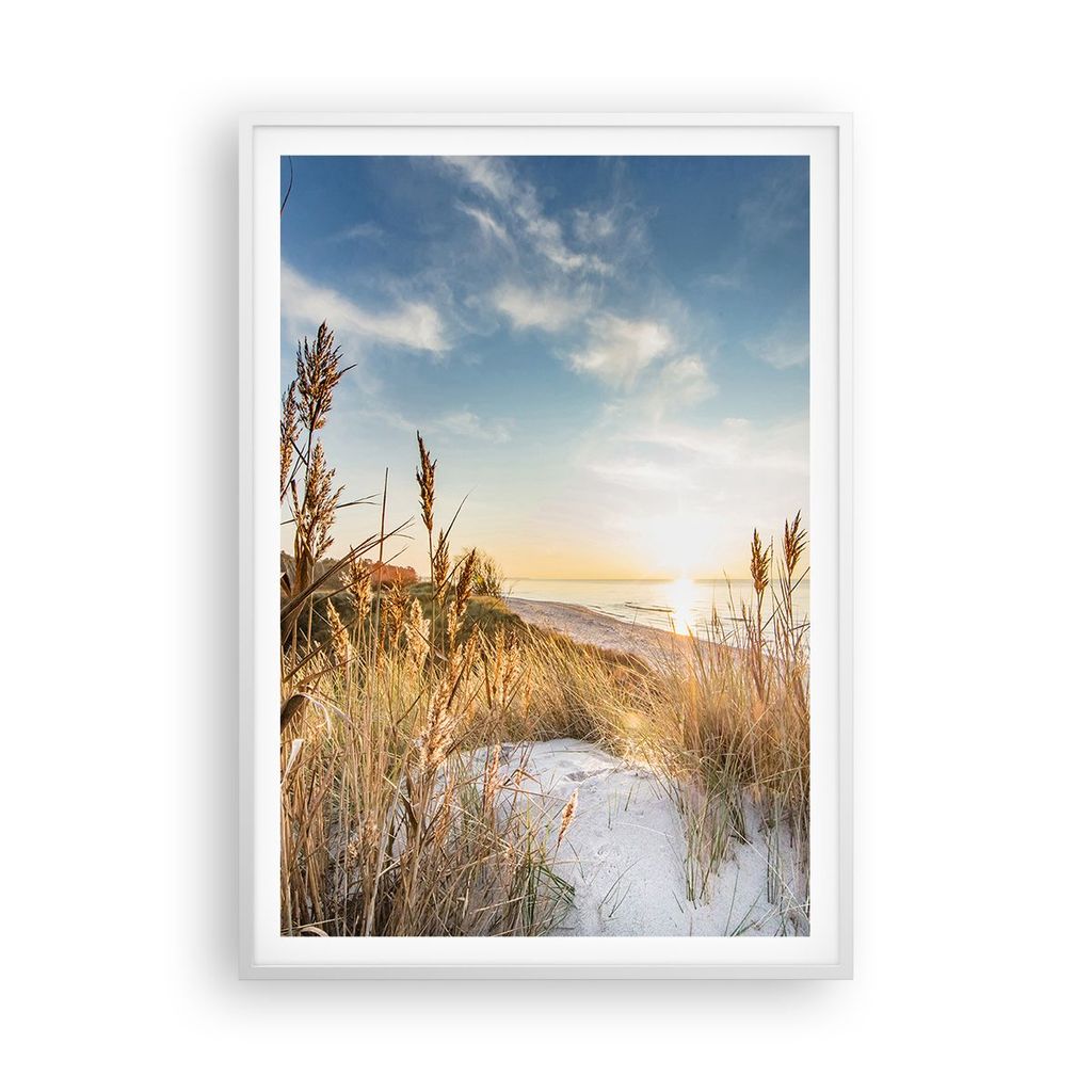 Gerahmtes Poster - Weißer Rahmen - Ähren Küste Sonne - 70x100 cm - Wand Bild - Wanddeko - Wandbilder - Kunstposter - Wandposter - Bilderrahmen -...