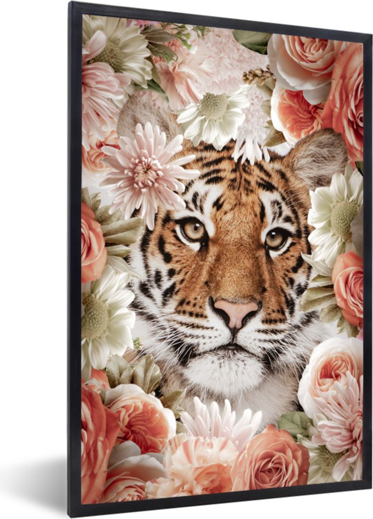 MuchoWow MuchoWow Gerahmtes Poster Tiger - Blumen - Porträt 20x30 cm - Poster mit zchwarzem Bilderrahmen - Drucken - Bilder Poster im Rahmen