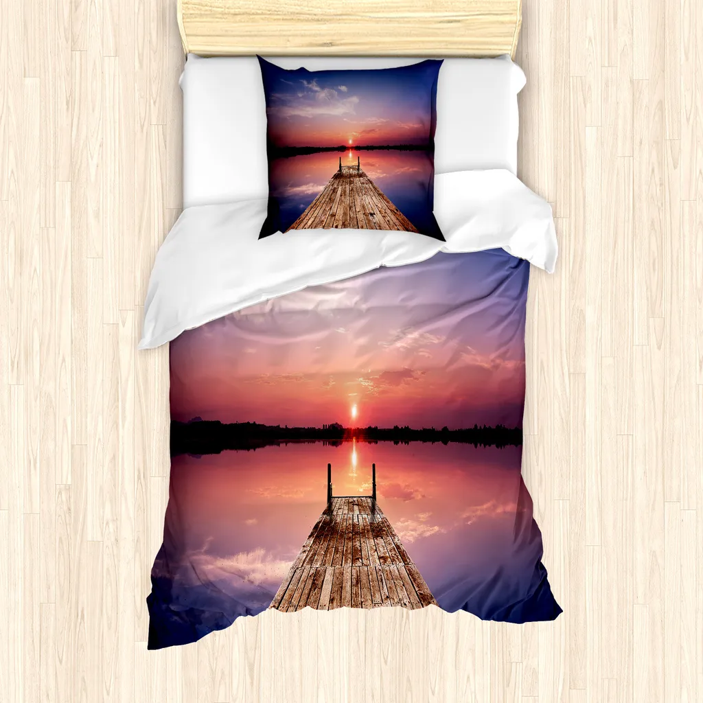 Set Copripiumino Singolo ABAKUHAUS Lago Tramonto Viola Blu Anti-acaro