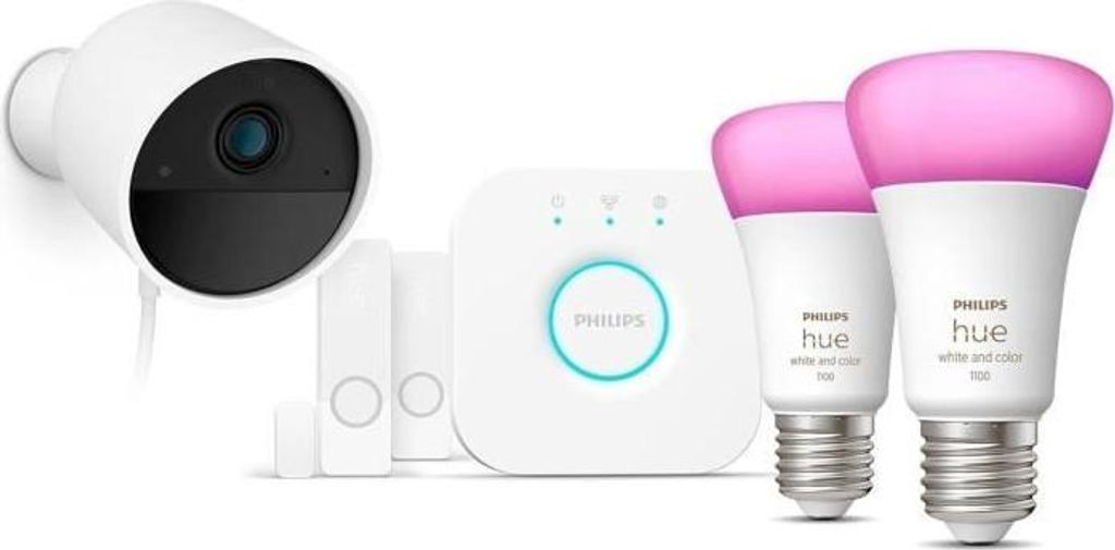 Starter Kit Philips Hue Sicher Enthält: 1 kabelgebundene Kamera + 2 Kontaktsensoren + 2 angeschlossene Glühbirnen + 1 Bridge