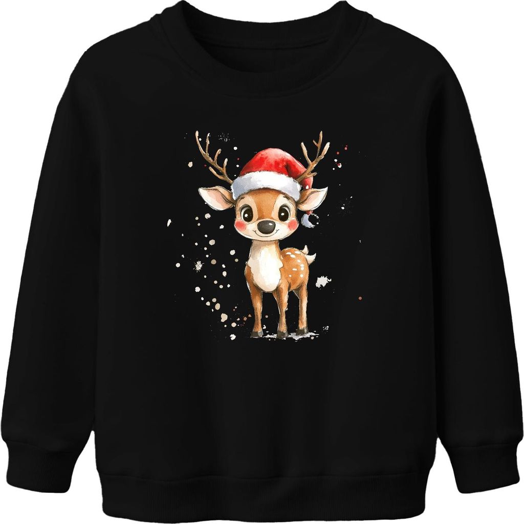 Weihnachtsrentier Aquarell Santa Hut Kinder Geschenk Niedlich Uni Kinder Sweatshirt Pullover, Schwarz, 104