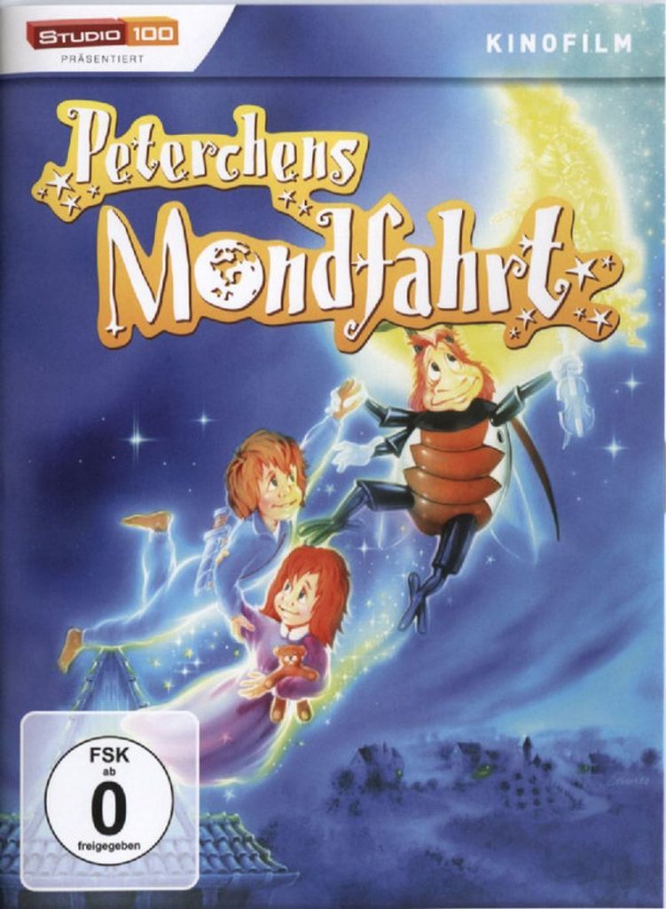 Animated characters flying in front of a moon and starry sky.