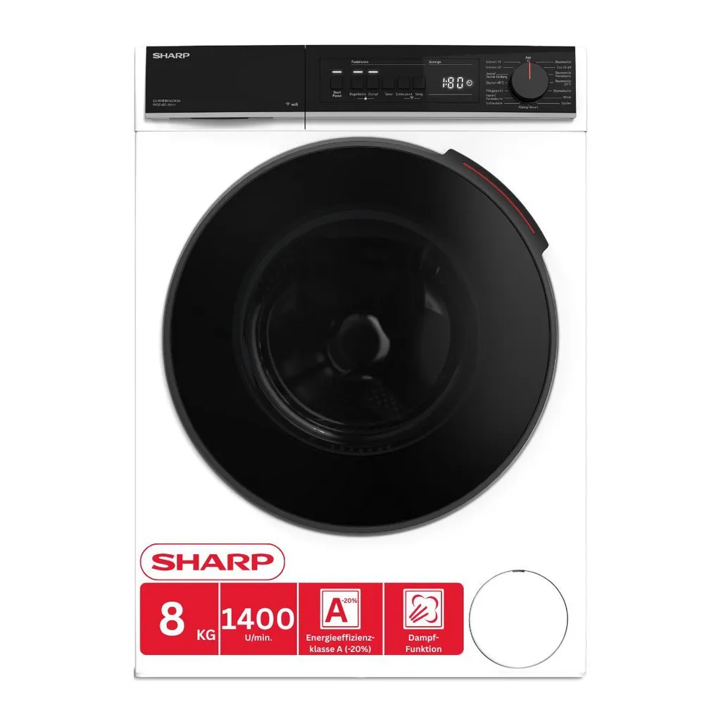 SHARP ES-WNFB814CWDA-DE Waschmaschine – 8 kg, Energieeffizienzklasse A, 1400 U/min, Inverter Motor, AquaStop, Dampffunktion, WiFi-Steuerung, Super Sil