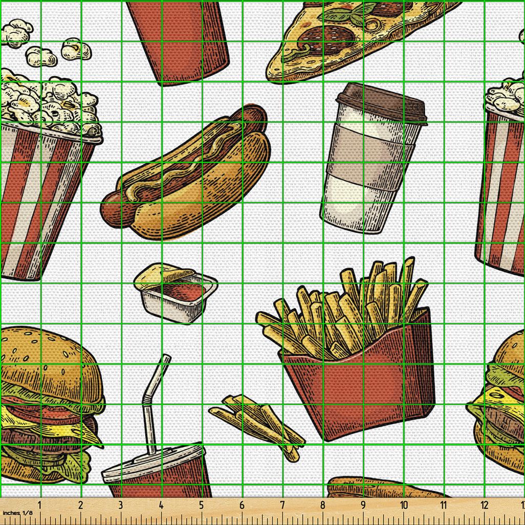 ABAKUHAUS Fast Food Gewebe als Meterware, Digital Fattening Lebensmittel Burger Popcorn Pizza Ketchup Fries Erzeugte, 2 M (148 x 200 cm), Mehrfarbig