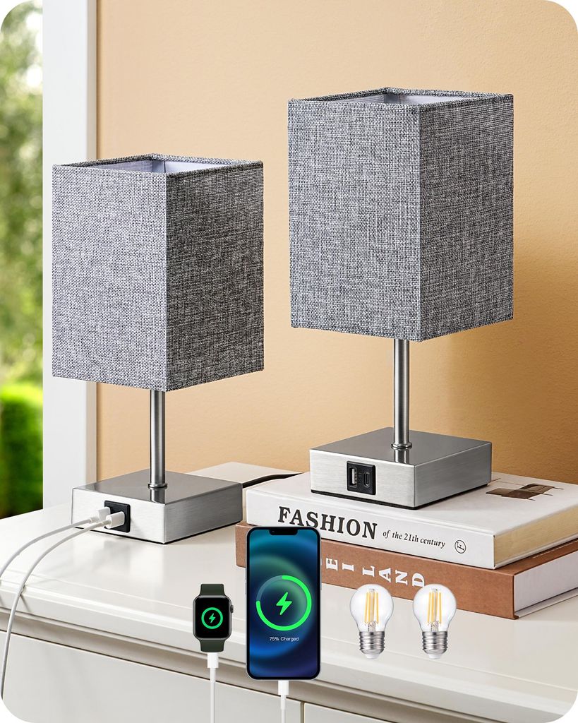 EDISHINE Tischlampe 2er Set Touch Dimmbar, Nachttischlampen mit Ladefunktion, Grau