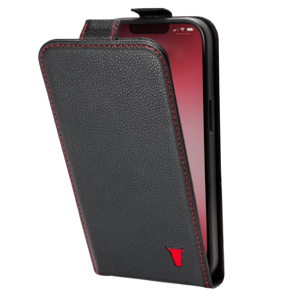 TORRO iPhone 13 Leder Flip Hülle (mit MagSafe-Aufladung) - Schwarz mit Rotem Detail