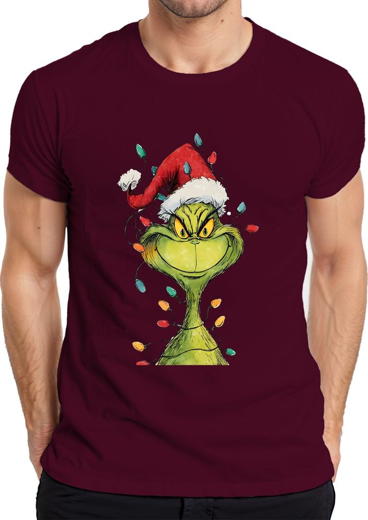 Grinch böser Grinser Lichterkette Weihnachten Geschenk retro Herren T-Shirt, Burgundy, S