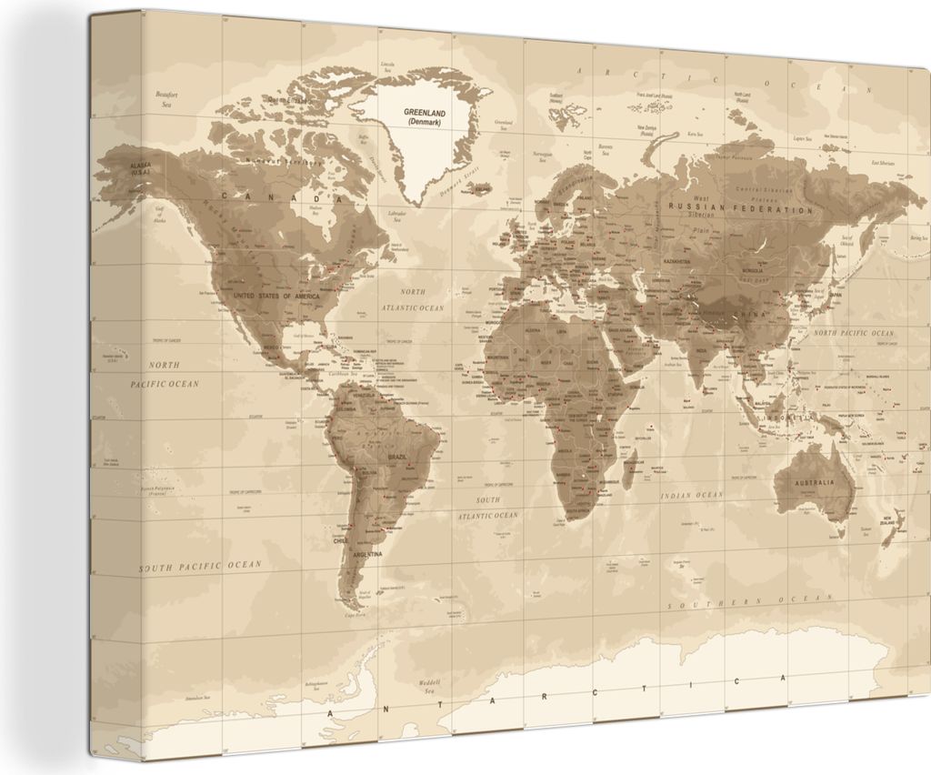 MuchoWow - Leinwandbilder - Weltkarte - Vintage - Braun, Wandbild, Wanddeko Bilder Wohnzimmer, 120x80 cm