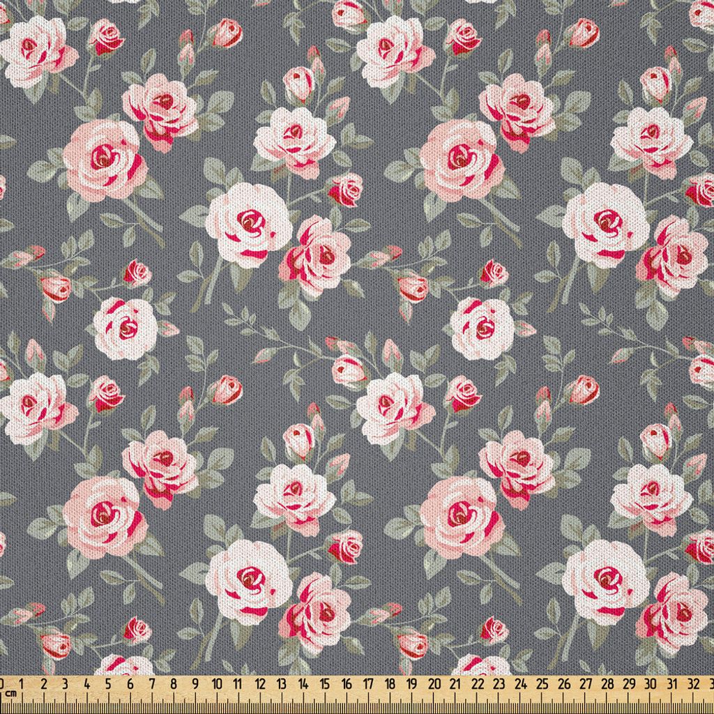 ABAKUHAUS Shabby Flora Microfaser Stoff als Meterware , Vintage-Stil lebendige Rosen Blätter Bush Knospen Vorbauten ländlichen Gegend klassische ...