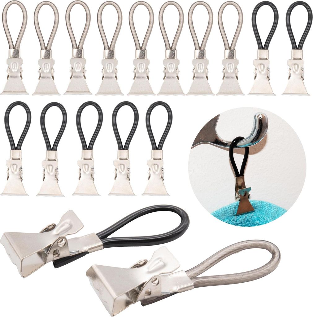 A collage of towel clips and a demonstration of one in use.