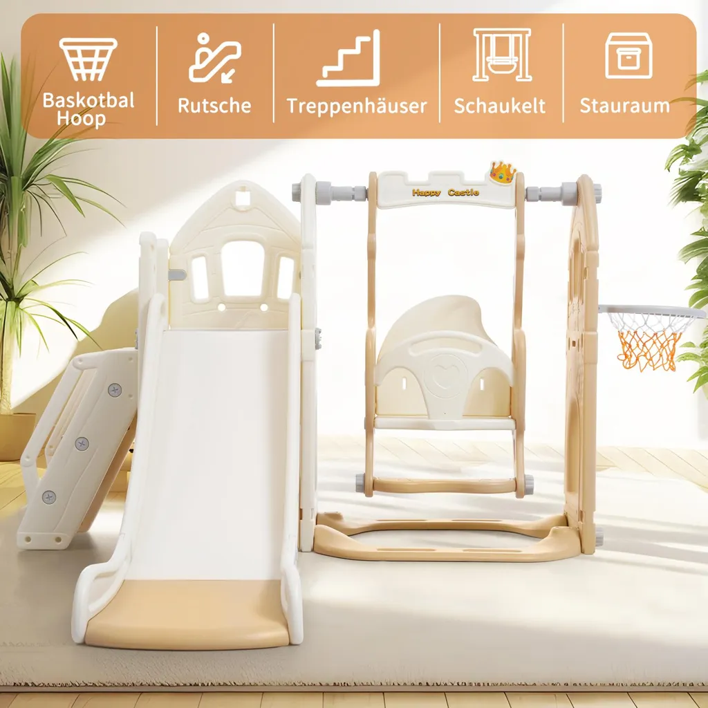 Toboggan 4 en 1 pour enfants, balançoire, panier de basket-ball, échelle d'escalade, aire de