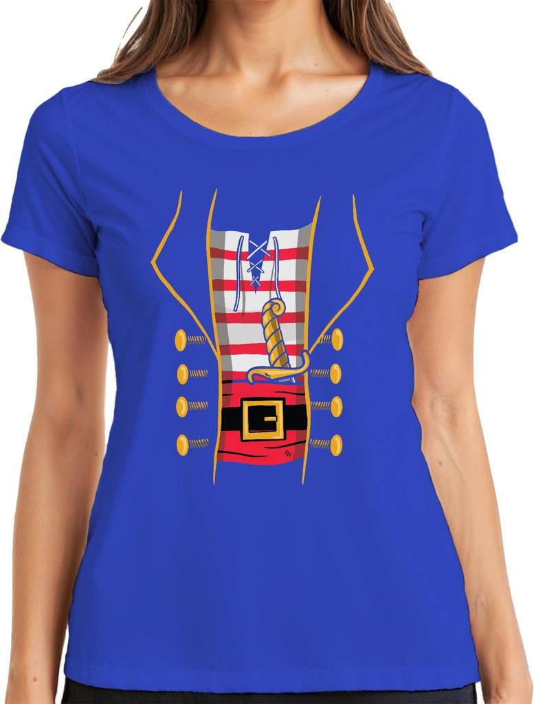 Pirat Korsar Säbel Gürtel gestreift Knöpfe Karneval Vintage Damen T-Shirt, Blau, 3XL