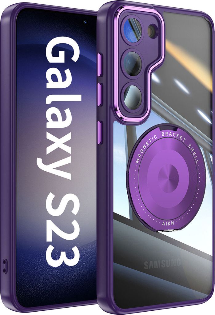 Handyhülle für Samsung Galaxy S23 Transparent Militärschutz mit Magnetring Ständer und Kameraabdeckung Lila