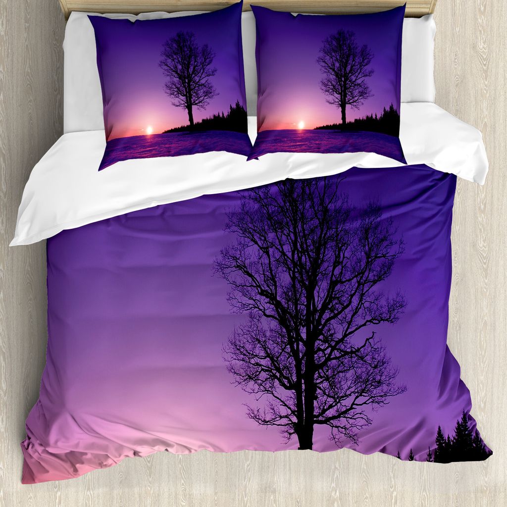 ABAKUHAUS Baum Bettbezug, Sonnenuntergang-Natur-Landschaft, Milbensicher Allergiker geeignet mit Kissenbezügen, 200 cm x 200 cm - 80 x 80 cm, lila...