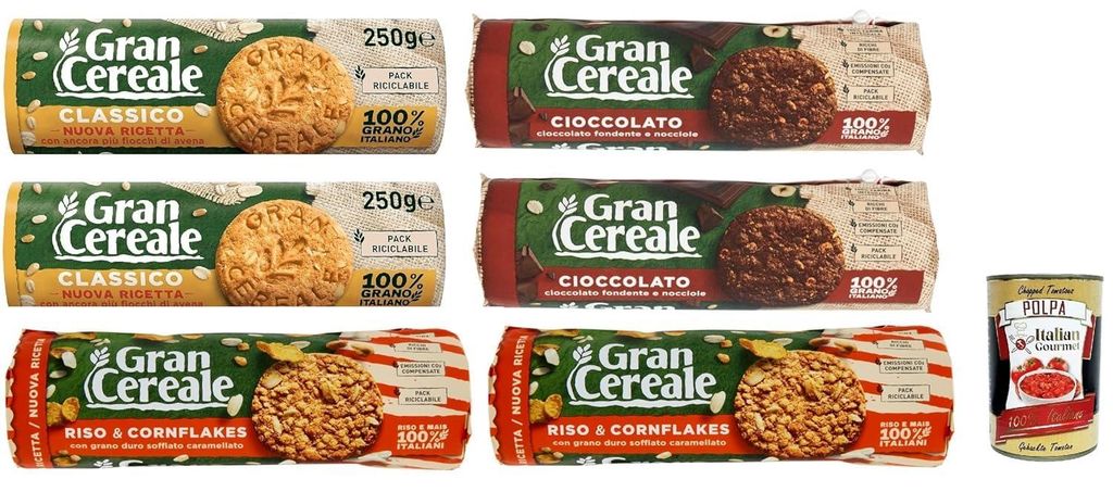 Italian Gourmet - Gran Cereale - Vollkorn Frühstückskekse Mix 6×250 g Klassisch, Schokolade, Reis & Cornflakes, mit Hafer & Getreide, ideal für...