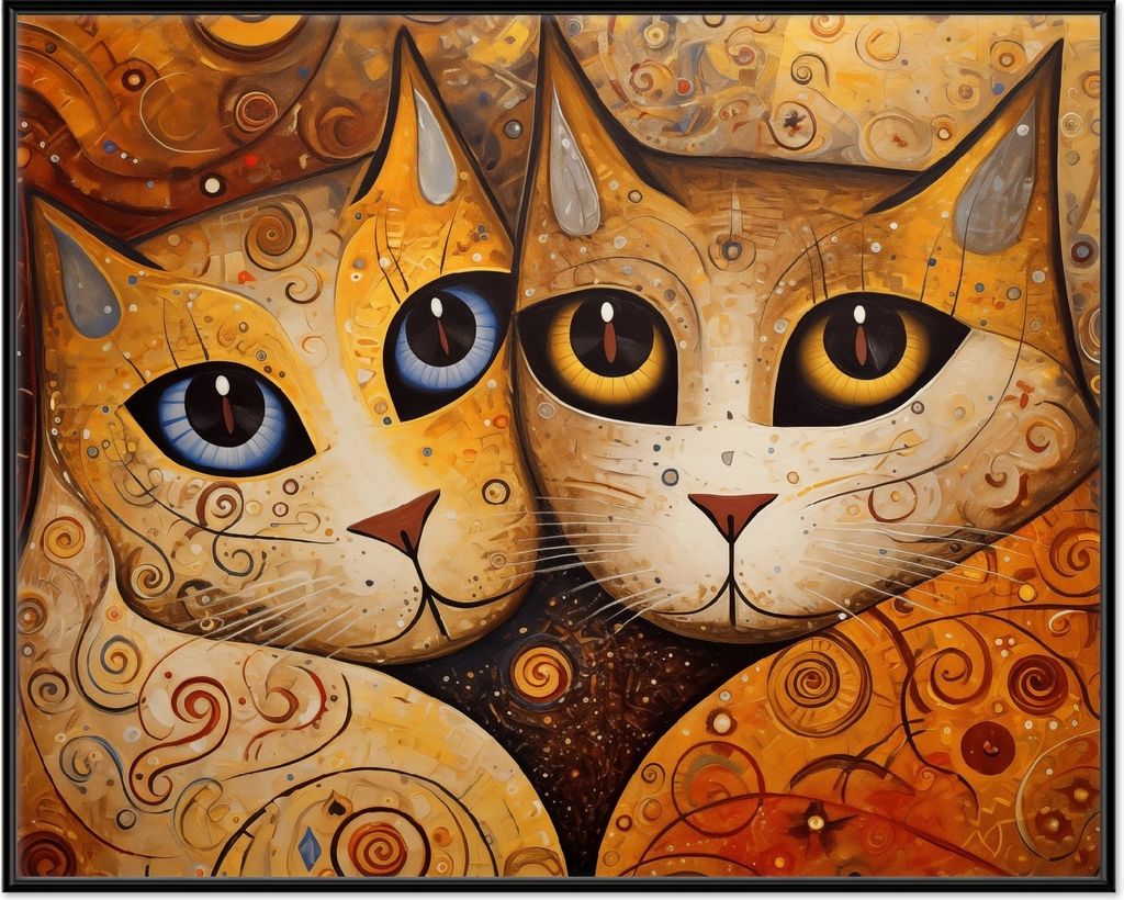 Wallario Wandbild Goldene Katzen, Größe: 40,30 x 50,30 cm, Poster mit schwarzem Aluminiumrahmen