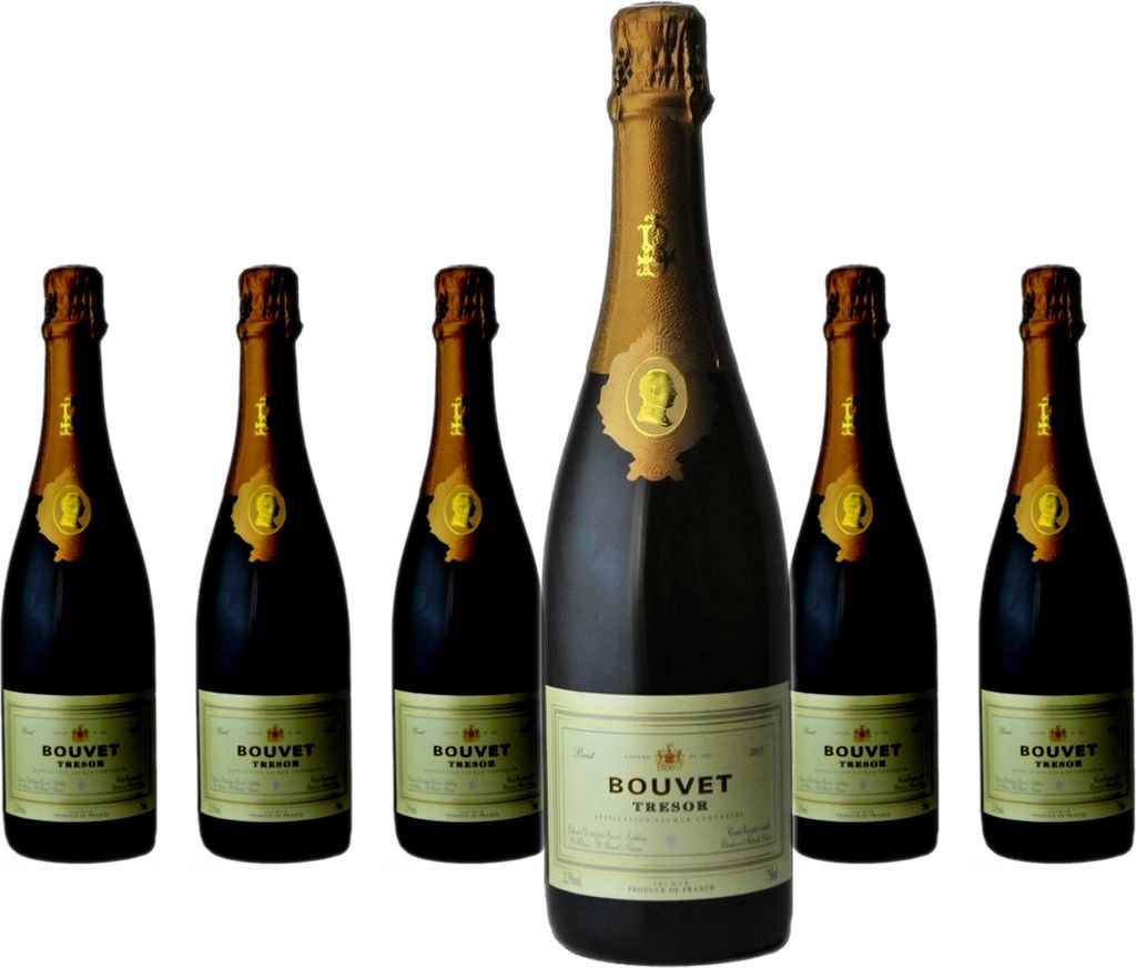 Six bottles of Bouvet Trésor Saumur Brut champagne are arranged on a white background. One bottle is larger and in the center, with five smaller bottles surrounding it.