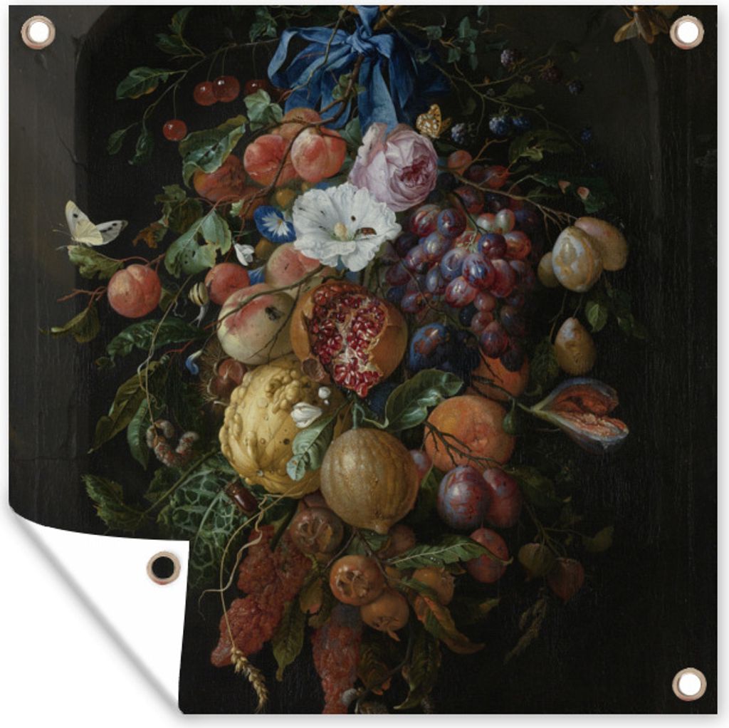MuchoWow 100x100 cm Outdoor-Poster Gartendeko Sichtschutz Garten Poster für den Garten Früchte und Blumen - Gemälde von Jan Davidsz. de Heem