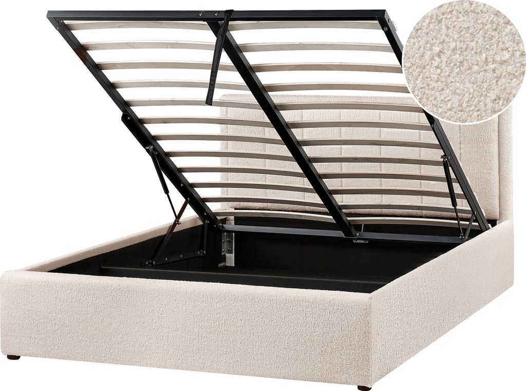 BELIANI Polsterbett Beige Bouclé Gesteppt mit Hohem Kopfteil Bettkasten Lattenrost 140x200 cm Hochklappbar für 2 Personen Schlafzimmer Doppelbett