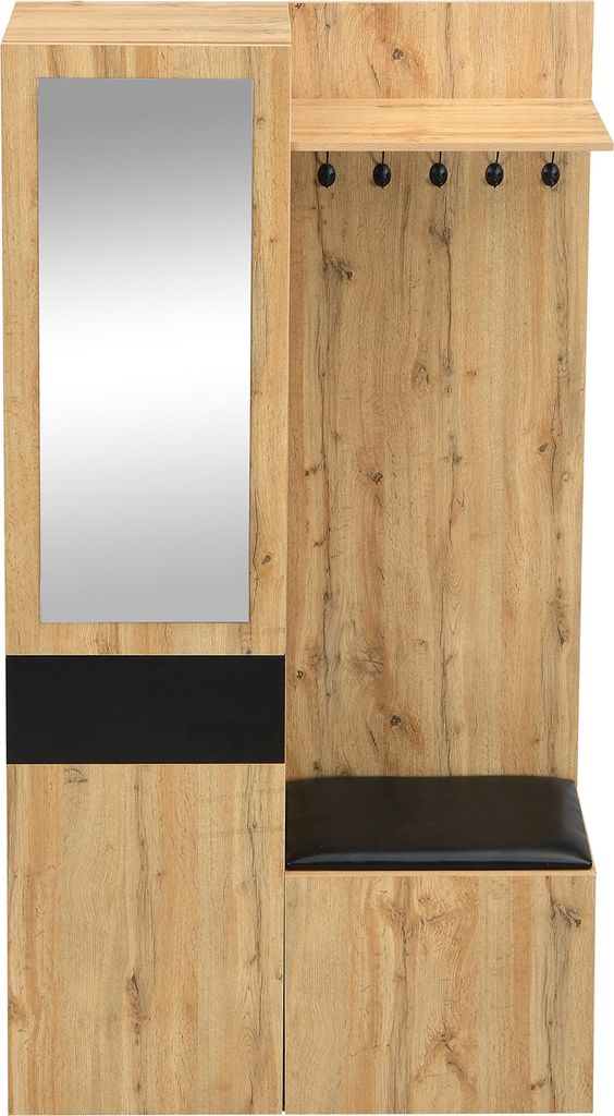 Garderobenset mit 5 Garderobenhaken, Spiegel, Schuhschrank, Einbauschrank mit oberen Regalen, Schubladen, oberen Ablagefächern, Flurgarderobenbank