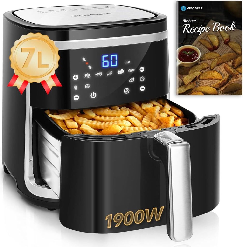 Heißluftfritteuse 7L XXL, Airfryer 1900W, 7 Programmen, Warmhalten, 20 Rezepte, ohne Öl, für 6-10 Personen, Air Fryer mit Digitalem LED-Touchscreen