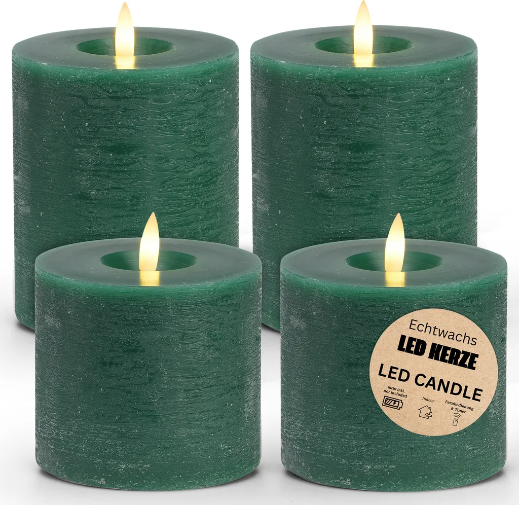 Set 4 Candele LED Verdi Ø 10cm | Vera Cera Fiamma Tremolante Realistica