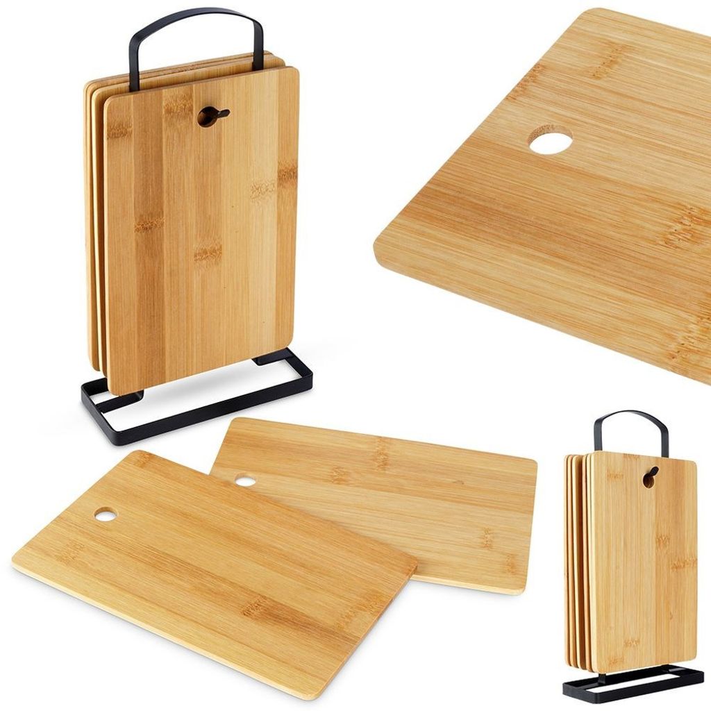 Frühstücksbrettchen Holzschneidebrett Küchenbrett Schneidebrett Brett Tablett Schneidebretter-Set aus Holz im Metallständer 6er-Set