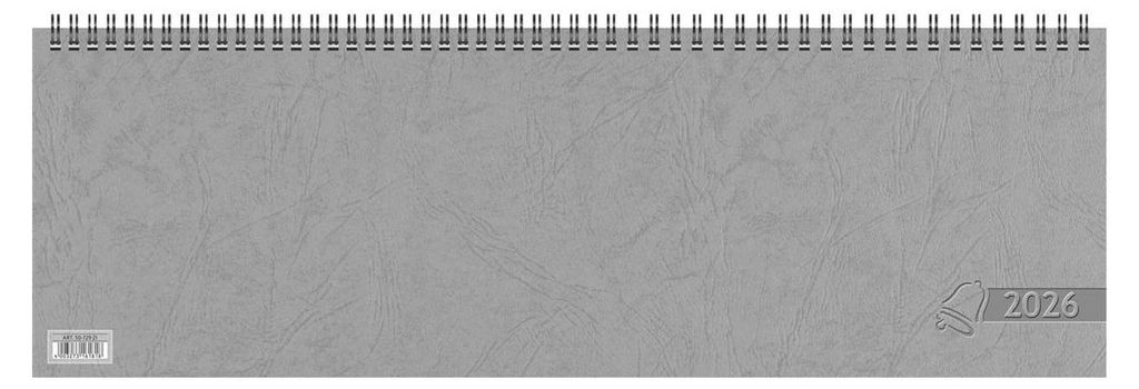 A close-up of a gray desk calendar with a spiral binding at the top.