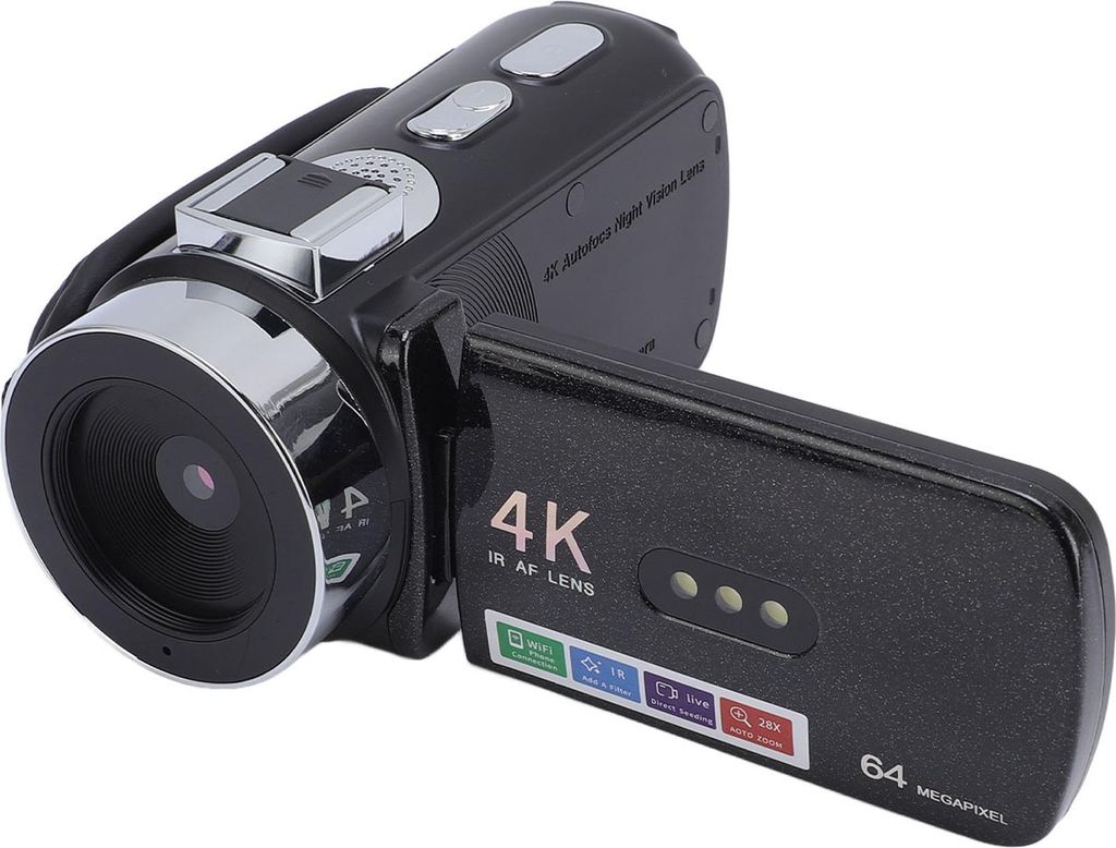 A black digital camcorder with its screen open, shown at an angle against a white background.