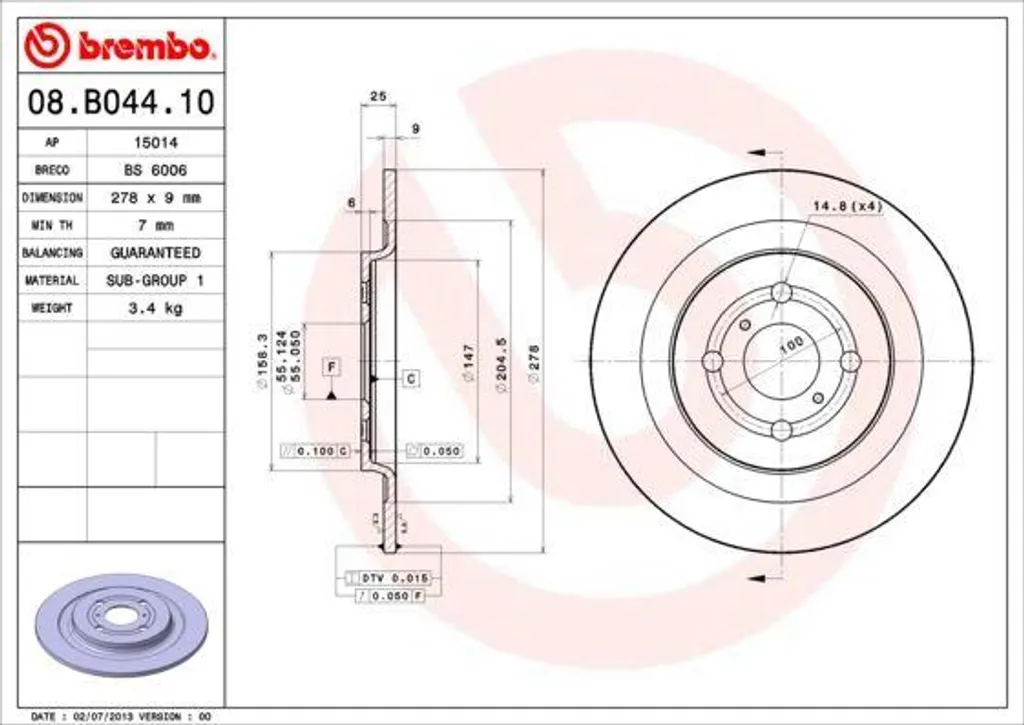 Disque de Frein Arrière Plein Brembo pour Toyota Yaris Série P13 P9