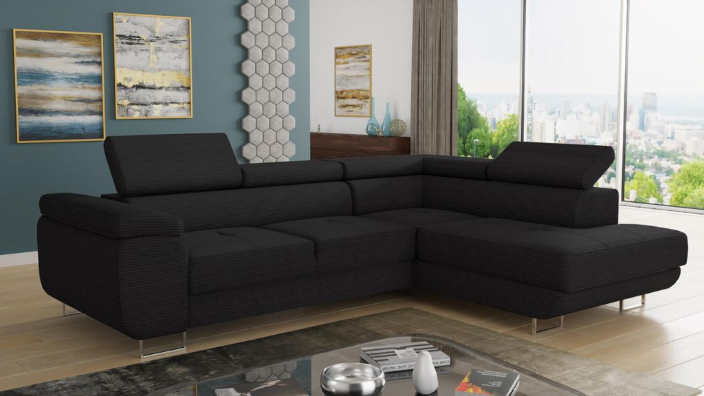 Ecksofa Caris mit Schlaffunktion und einstellbare Kopfstützen, Cord Stoff, Wohnlandschaft mit Bettkasten, Couch, Sofa, Bettsofa (Schwarz (Poso 135...