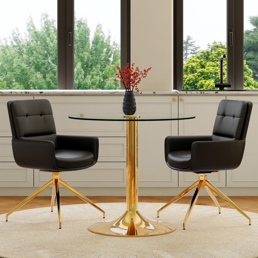 2er Set runder Esstisch aus gehärtetem Glas, 85 cm Durchmesser, goldene Metallkonstruktion, zwei schwarz-goldene 360° drehbare PolyurethanEsszimm...