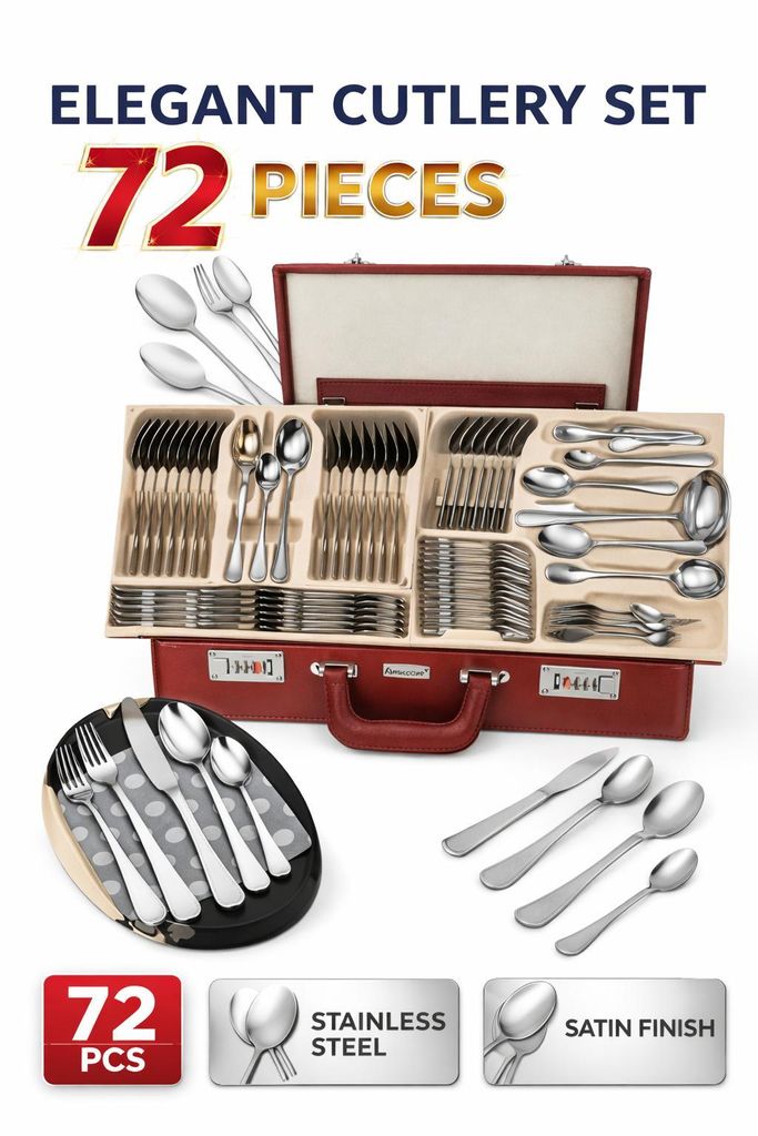 Besteck im Koffer, 72 Teile, 12 Personen, Edelstahl, Gabel, Löffel, Messer Satin EH8402