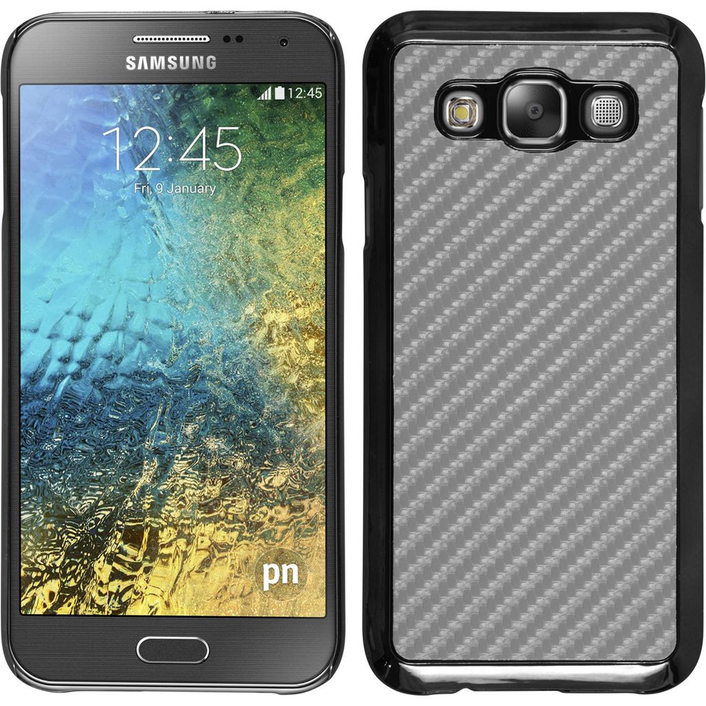 PhoneNatic Case kompatibel mit Samsung Galaxy E5 - Hülle silber Carbonoptik Hard-case + 2 Schutzfolien