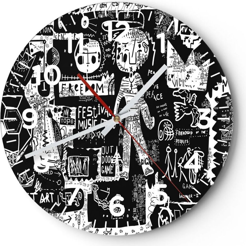 Wanduhr - Rund - Glasuhr - Graffiti modern - 30x30cm - Schleichendes Uhrwerk - Lautlos - zum Aufhängen bereit - Dekoration Modern - Wanddekoration...
