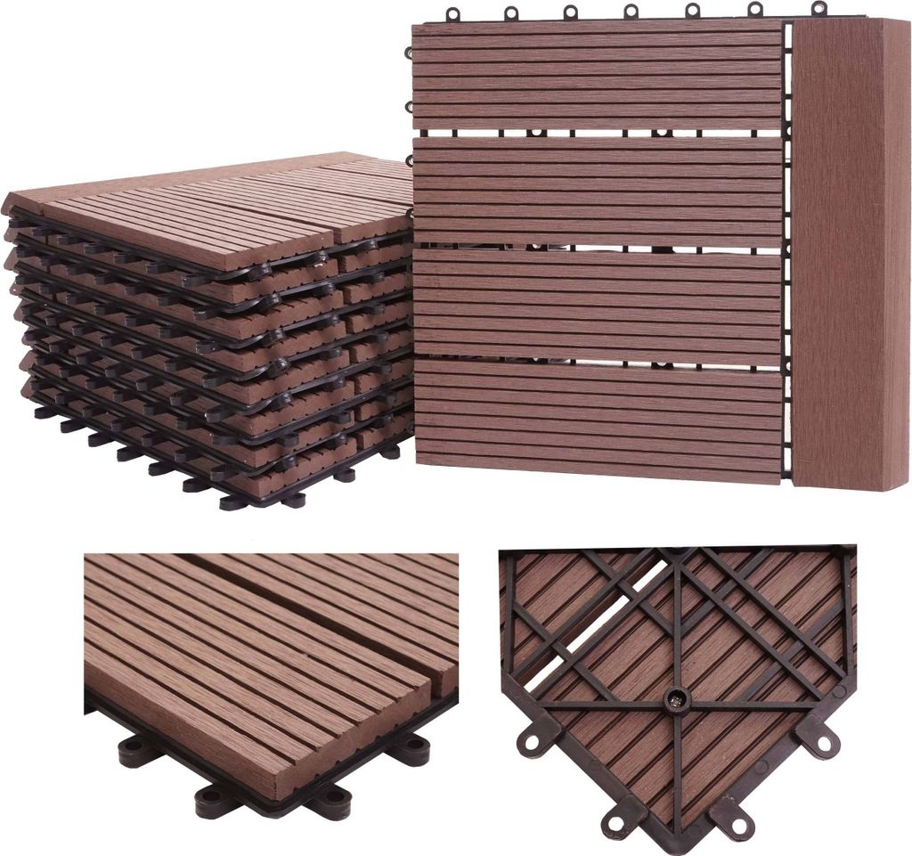 WPC Bodenfliese Sarthe + Abschluss, Holzoptik Balkon/Terrasse, 11x je 30x30cm = 1qm Premium coffee linear waagrecht