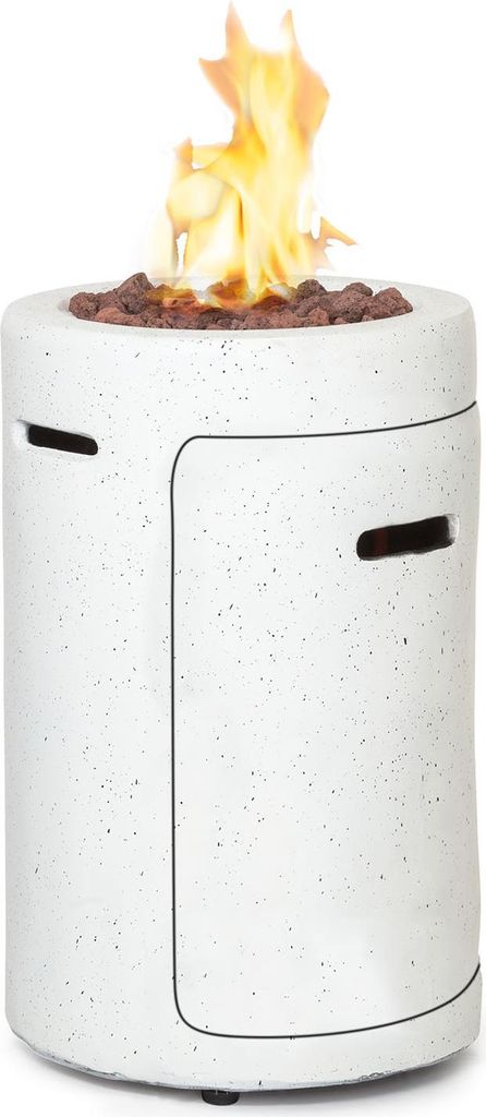 A white speckled cylindrical gas fire pit with flames burning on top.
