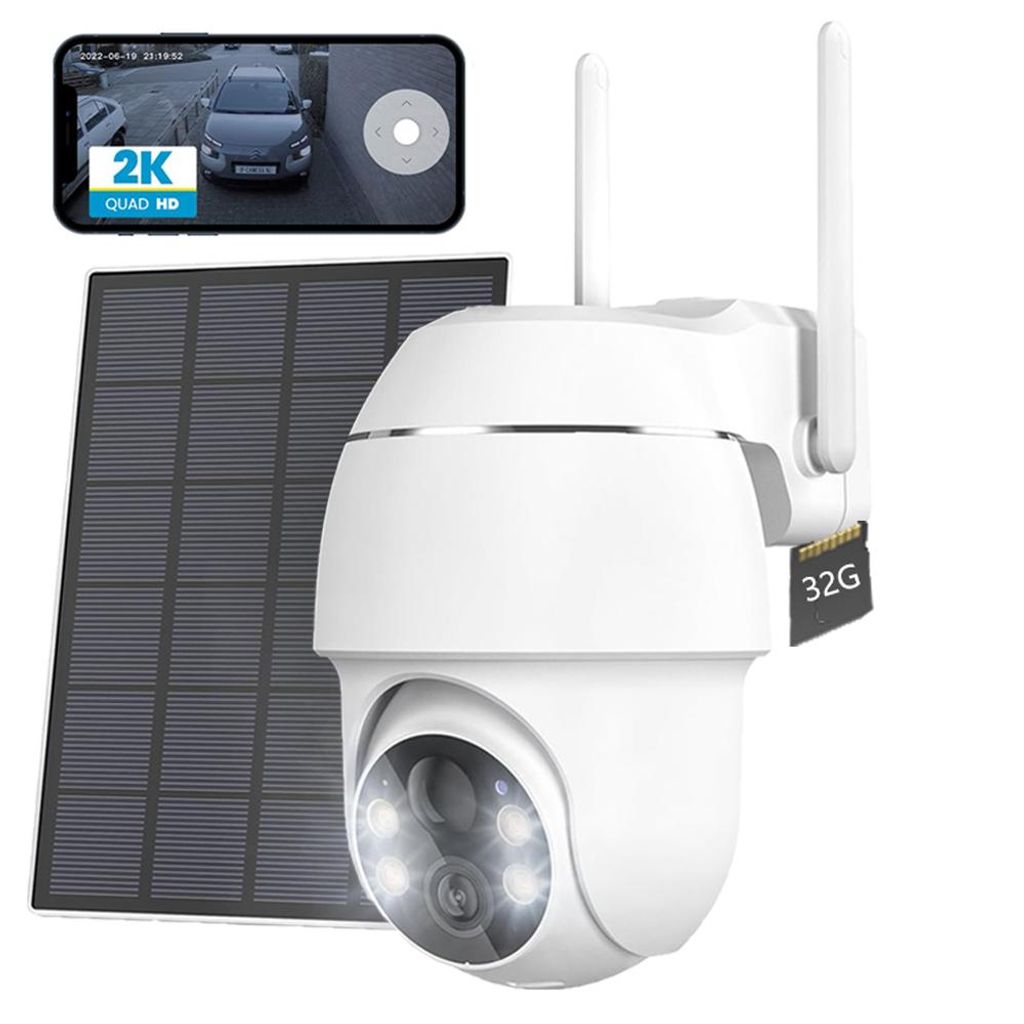 2K Überwachungskamera Aussen Akku mit Solarpanel WLAN 360° Schwenkbare Kabellose Überwachungskamera PIR Bewegungsmelder Nachtsicht in Farbe mit 32G
