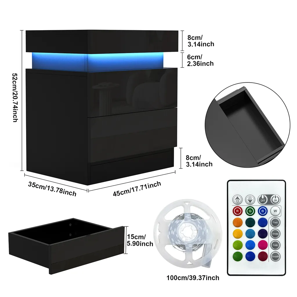 Table de chevet LED design noir avec double tiroir de rangement 52cm - 8