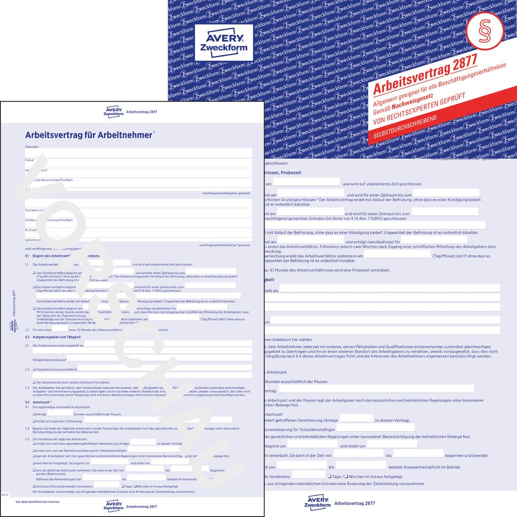 Avery Zweckform 2877, Arbeitsvertrag, für Arbeitnehmer, A4, 5-seitig mit Durchschlag, selbstdurchschreibend