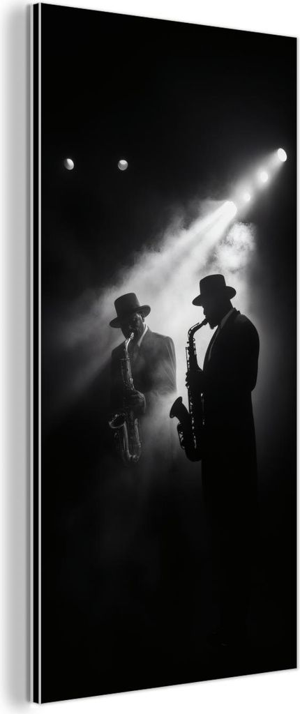 MuchoWow Wanddekoration Metall Metallbild Wandkunst 40x80 cm Saxophonisten - Hüte - Rauch - Licht MuchoWow Aluminium Gemälde - Wanddekoration - I...