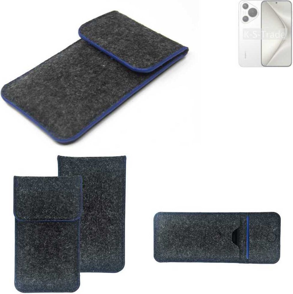 K-S-Trade Handy-Hülle Schutz-Hülle kompatibel mit Huawei Pura 70 Filztasche Pouch Tasche Case Sleeve Filzhülle dunkelgrau, blauer Rand