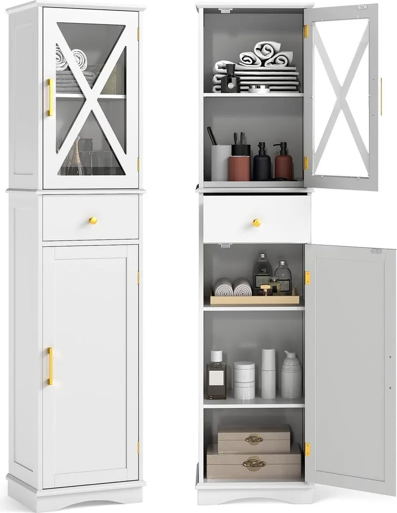 Meuble de salle de bain haut blanc avec étagères réglables - 180cm