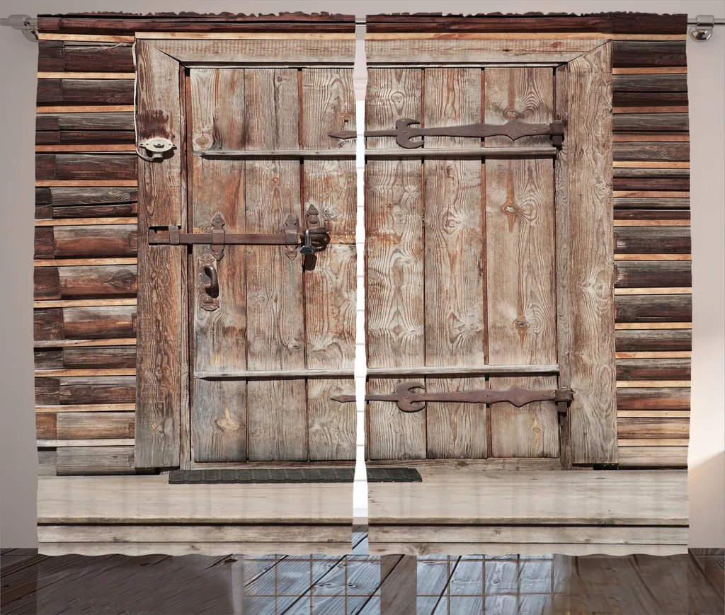 Rideau Rustique ABAKUHAUS Porte en Bois et Cabane, 280 x 225 cm Marron