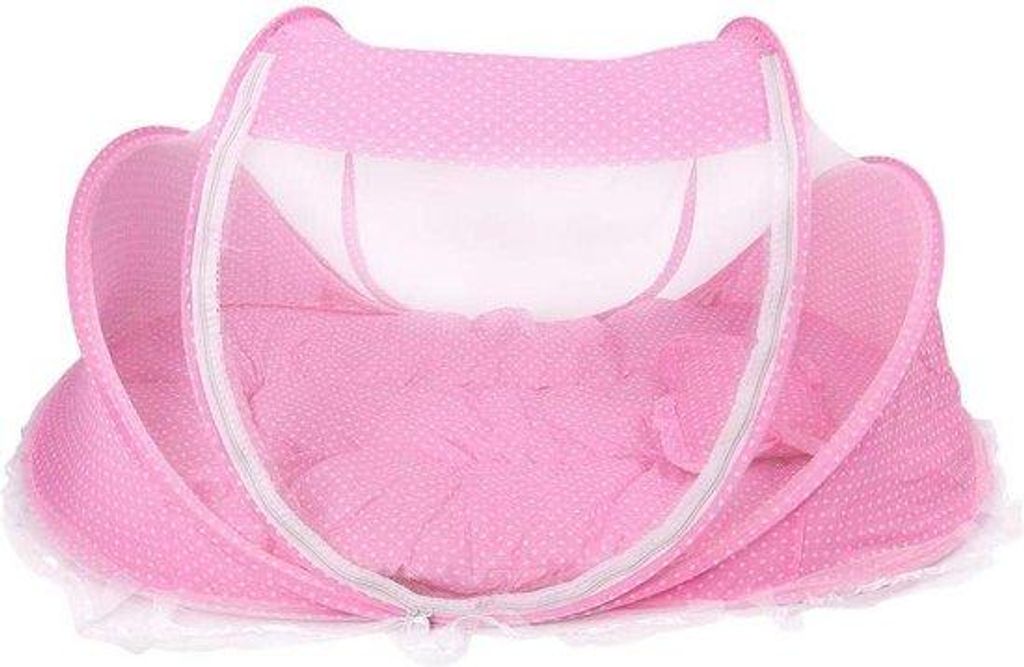 Opvouwbaar Kinderreisebett mit Insektenschutz und Mückenstoff - tragbar mit Matraskissen - blau-rosa - für Babys von 0-18 Monaten - innen und au...