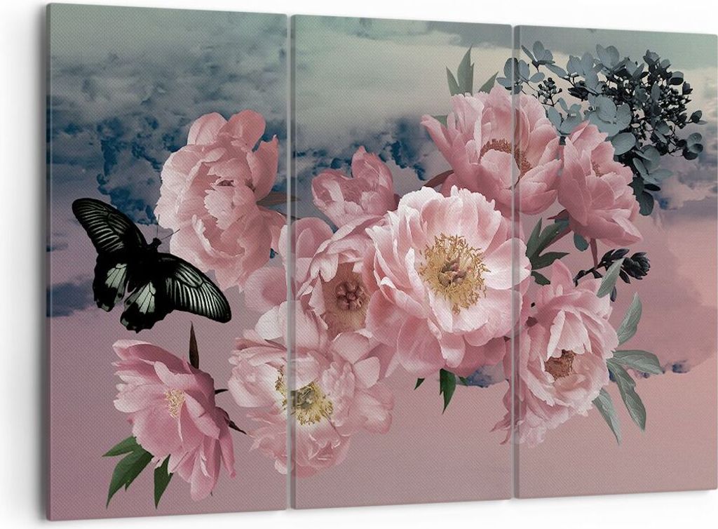 Bild auf Leinwand - Leinwandbild - 3 Teile - Blumen Schmetterling Wolken - 105x70cm - Wand Bild - Wanddeko - Wandbilder - Leinwanddruck - Bilder - ...