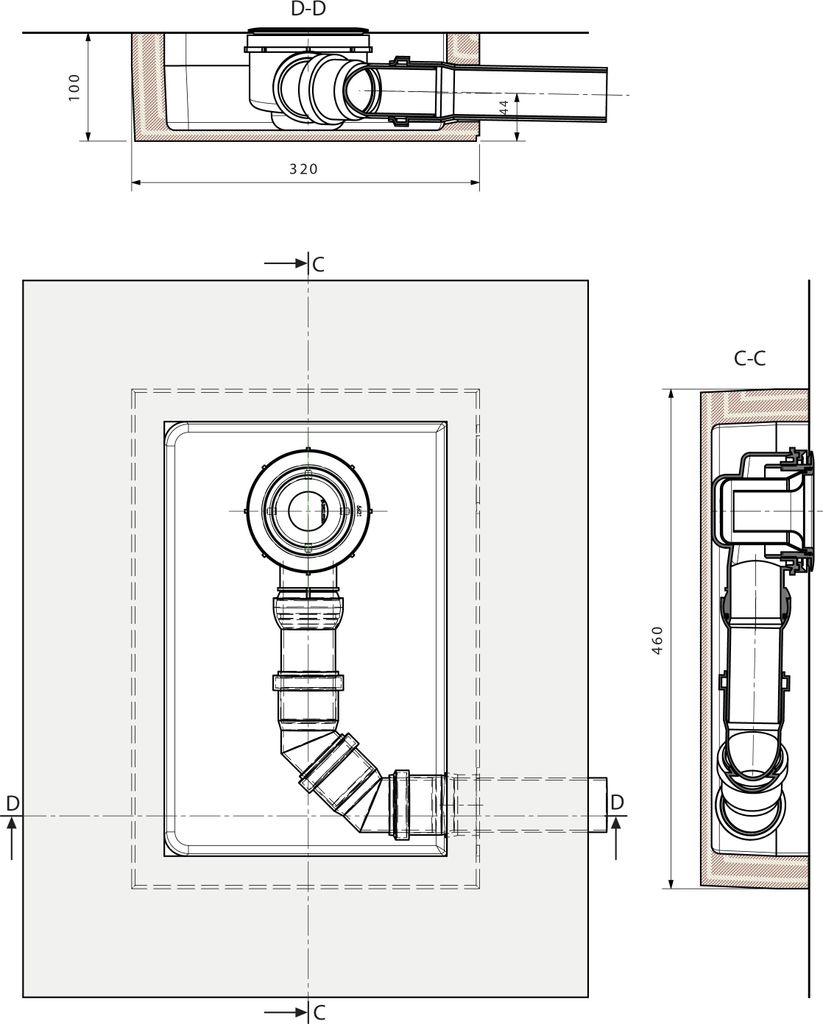 IS Ablaufbox groß, DN50, 460x320x100mm, rechts oder links verwendbar