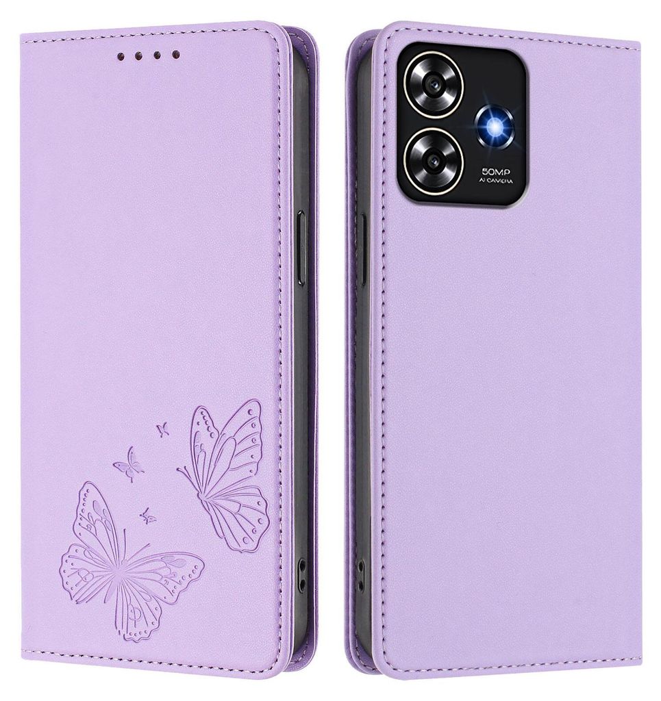 Lederhülle für ZTE Blade A73 4G, Schmetterling Prägung Leder Brieftasche Schutzhülle mit Ständer Violett